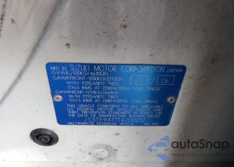 2007 Suzuki Grand Vitara Luxury from USA, damaged, VIN JS3TE947774200257